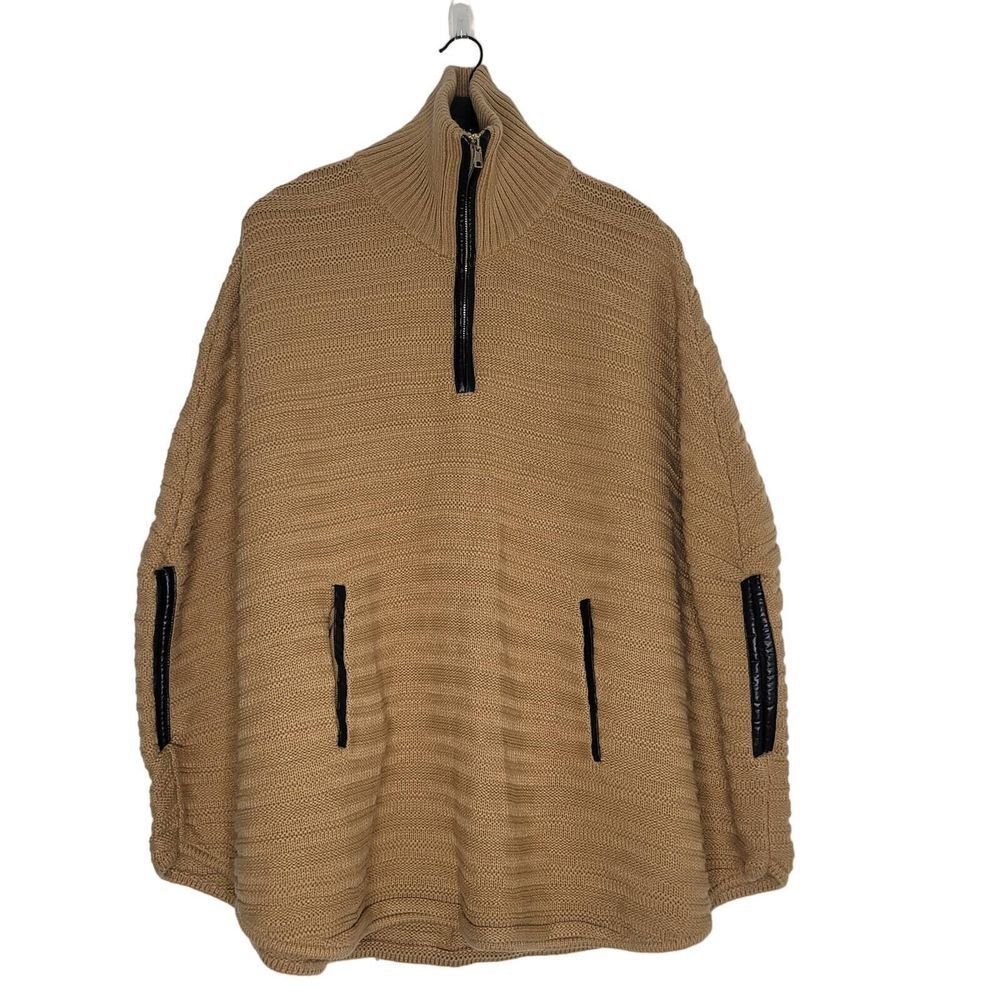 New York & Co Poncho S/M Camel Faux Leather Trim Pockets Pullover‎ Cape Preppy